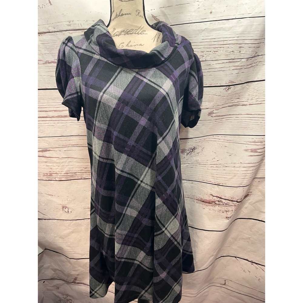 JH Jessica Howard Purple Plaid Cowl Neck Puff Sleeve A-Line Dress Large